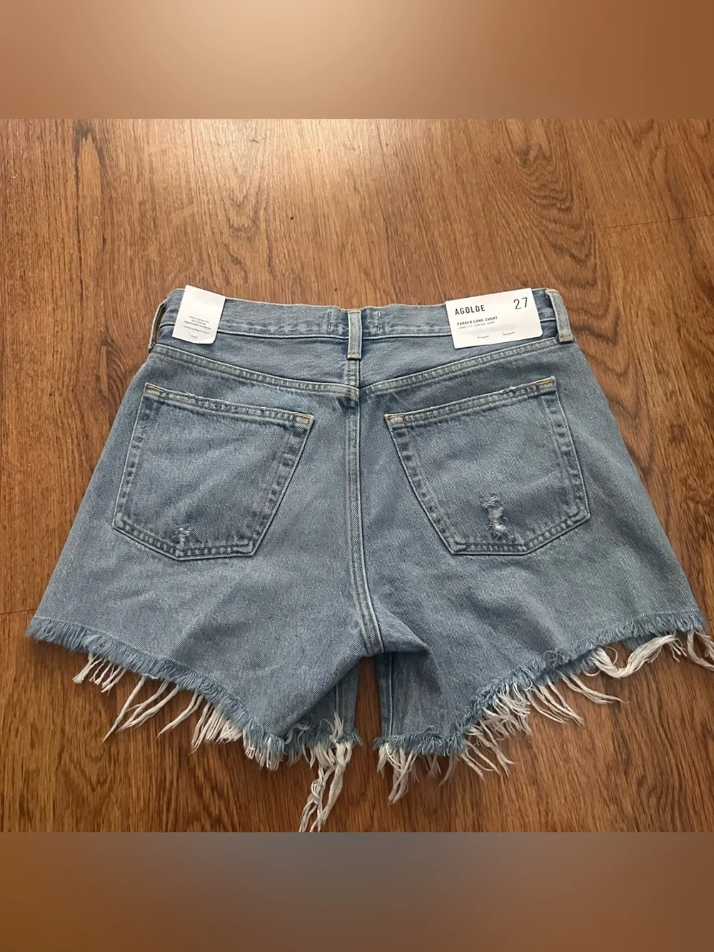 AGOLDE Light Denim Frayed Hem High-Rise Jean Shorts 27 Parker Long loose fit